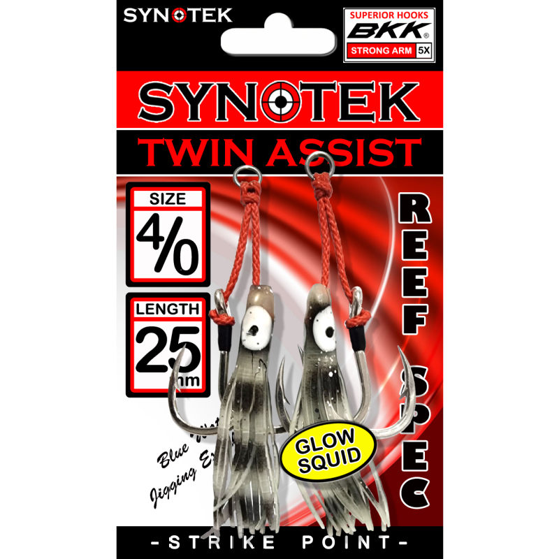 Synotek Twin Assist (with BKK Hooks) - Black Glow Stripe Rubber Squid