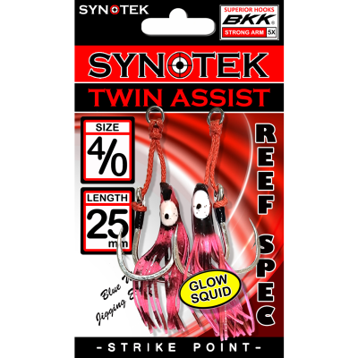 Synotek Twin Assist #1-4/0 (with BKK Hooks) - PINK / BLACK GLOW STRIPE Rubber Squid