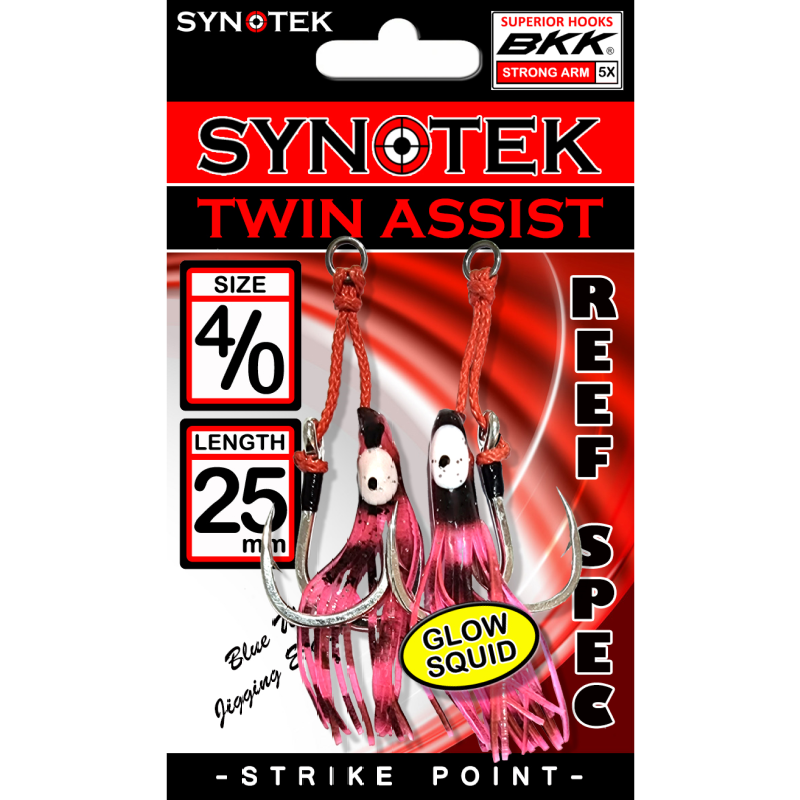 Synotek Twin Assist (with BKK Hooks) - Pink / Black Glow Stripe Rubber Squid